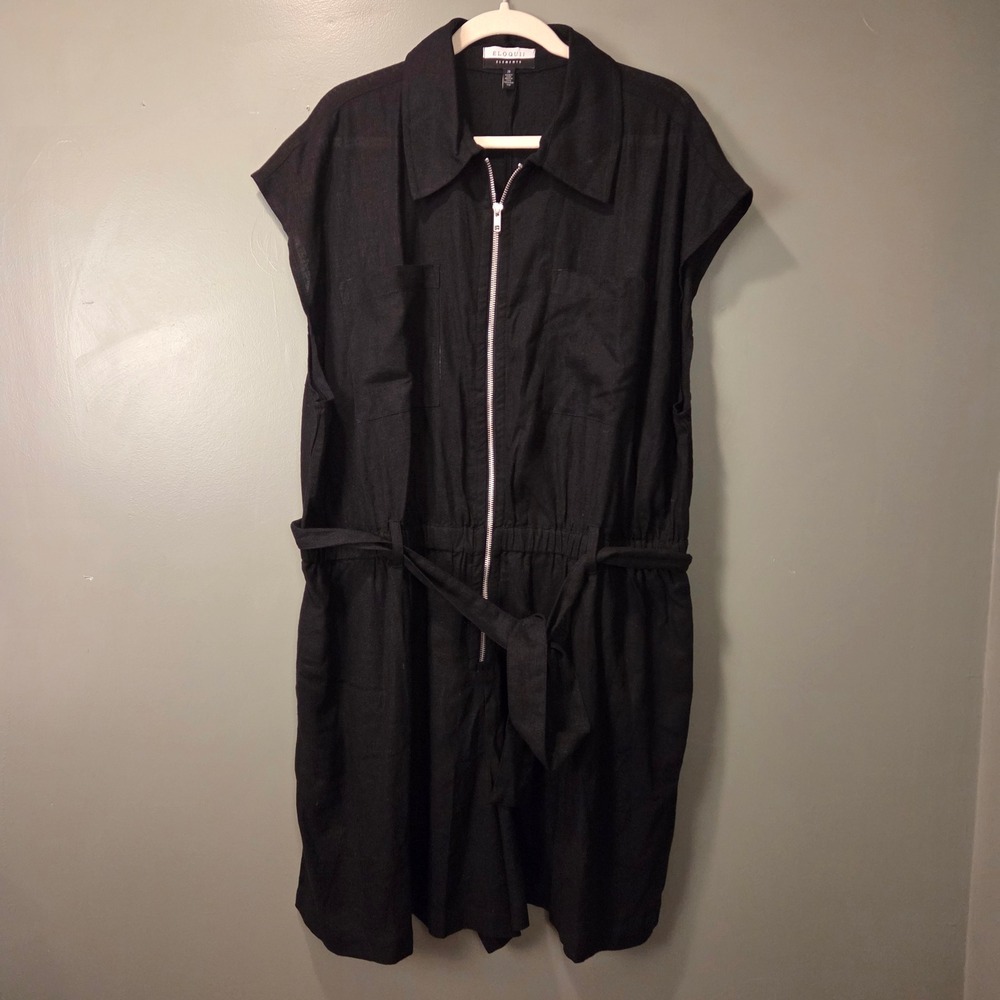 Eloquii‎ Women's Size 20 Linen Blend Zip Front Romper Black Adjustable Belt